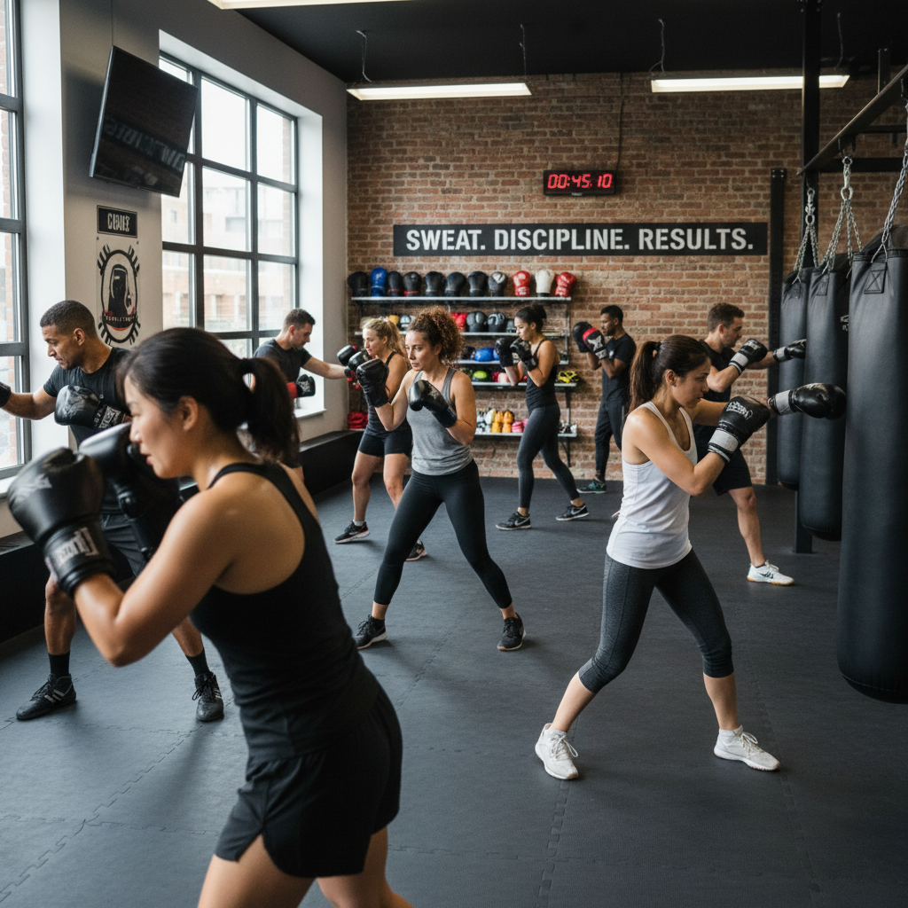 A group of people wearing boxing gloves practice punching heavy bags in a gym with a brick wall and the slogan "SWEAT. DISCIPLINE. RESULTS." displayed.