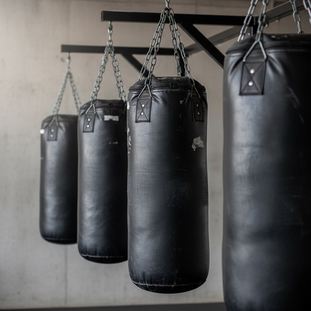 Four black leather punchbags hang from chains against a plain concrete wall in a gym.