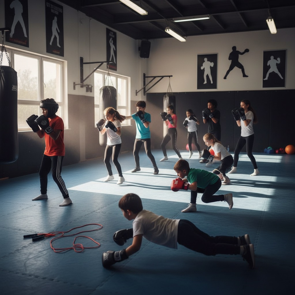 A group of children wearing boxing gloves participate in a training session inside a gym with punch bags and wall silhouettes.