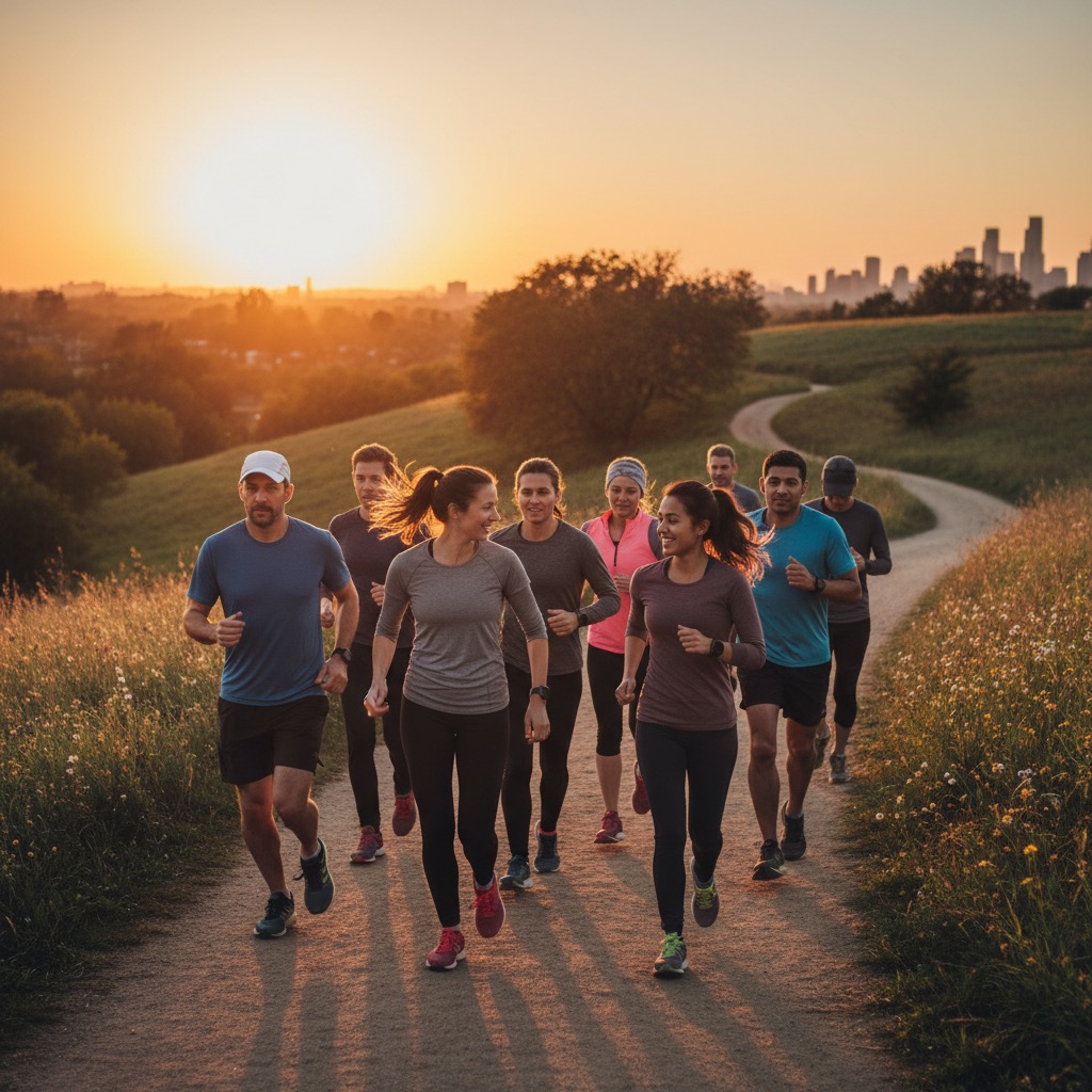 A group of diverse runners jog along a grassy path at sunrise with a city skyline in the distance.