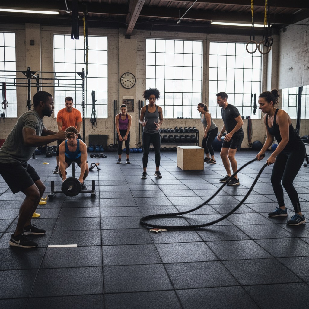 A group of diverse people perform various exercises in a spacious, well-lit gym with large industrial windows.